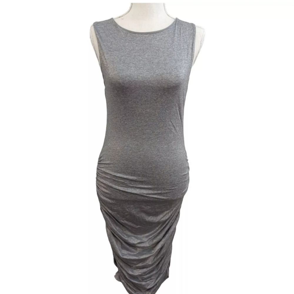 Alice + Olivia Shimmering Silver Grey Pencil Midi Dress/ Ruched Sides Size SP